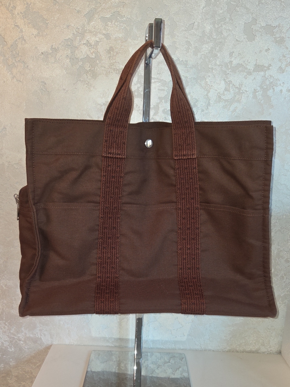 Hermes Brown Canvas Tote with Webbed Straps